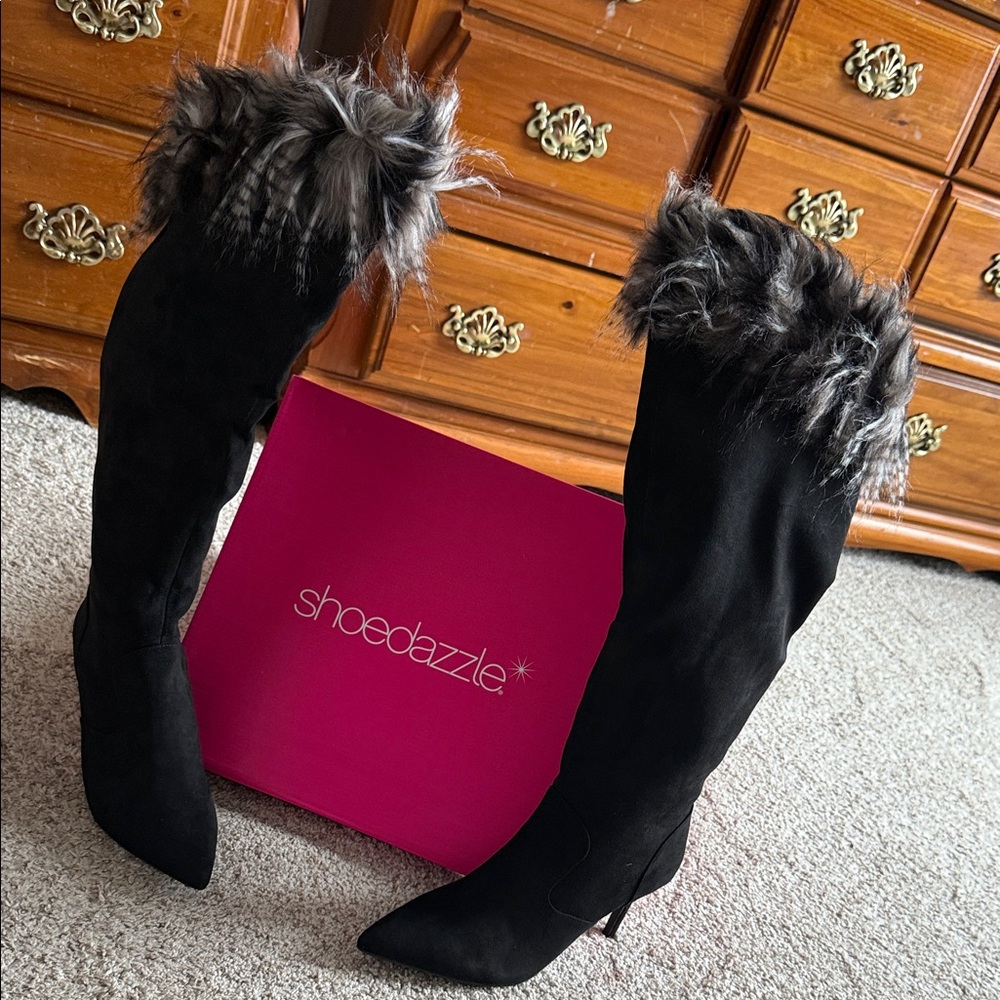 Shoe Dazzle Black Over the Knee Boots with Faux Fur brand new